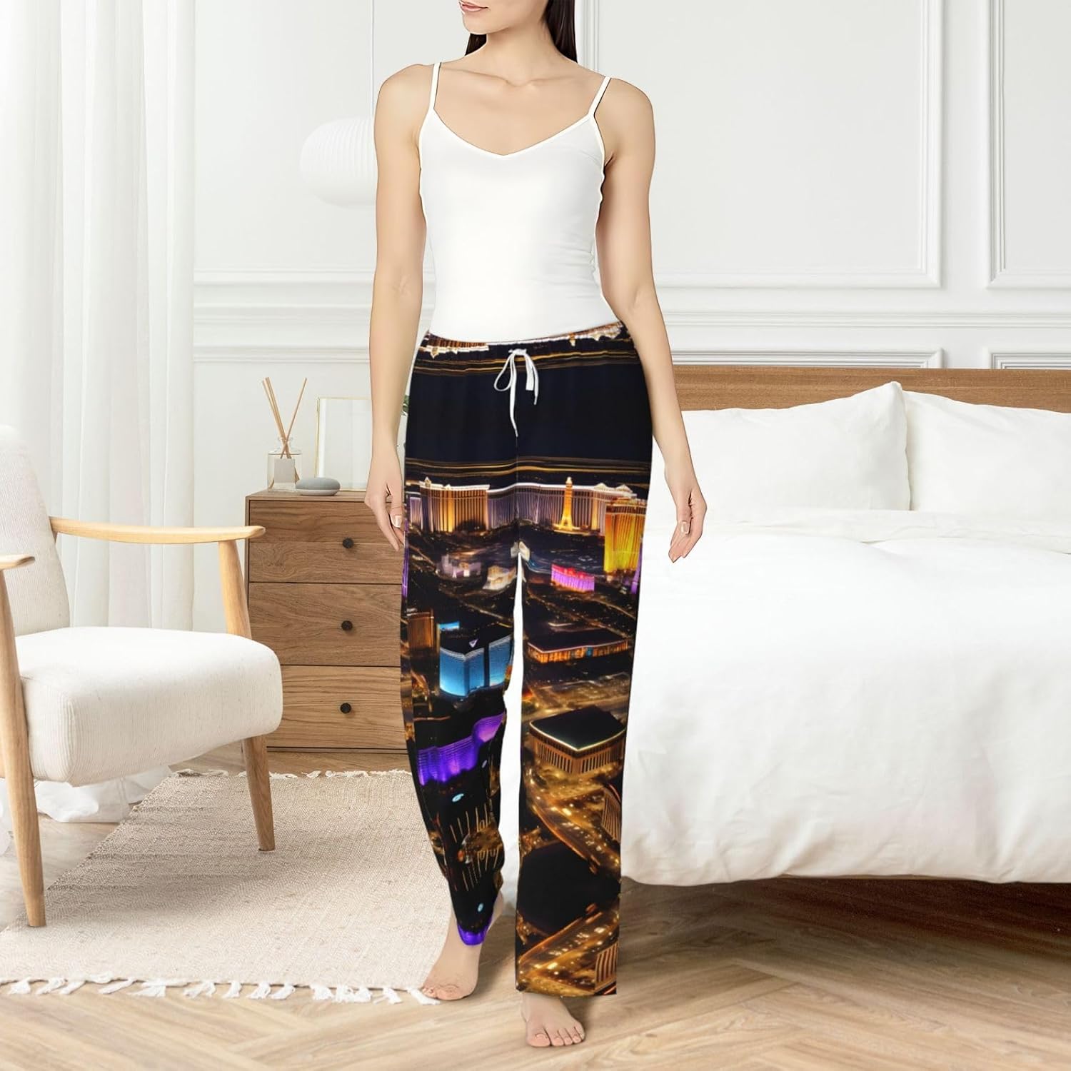 Las Vegas Night View Print Cozy Flannel Pajama Pants For Women,Warm Christmas Pj Pants,Cute Fleece Pajamas