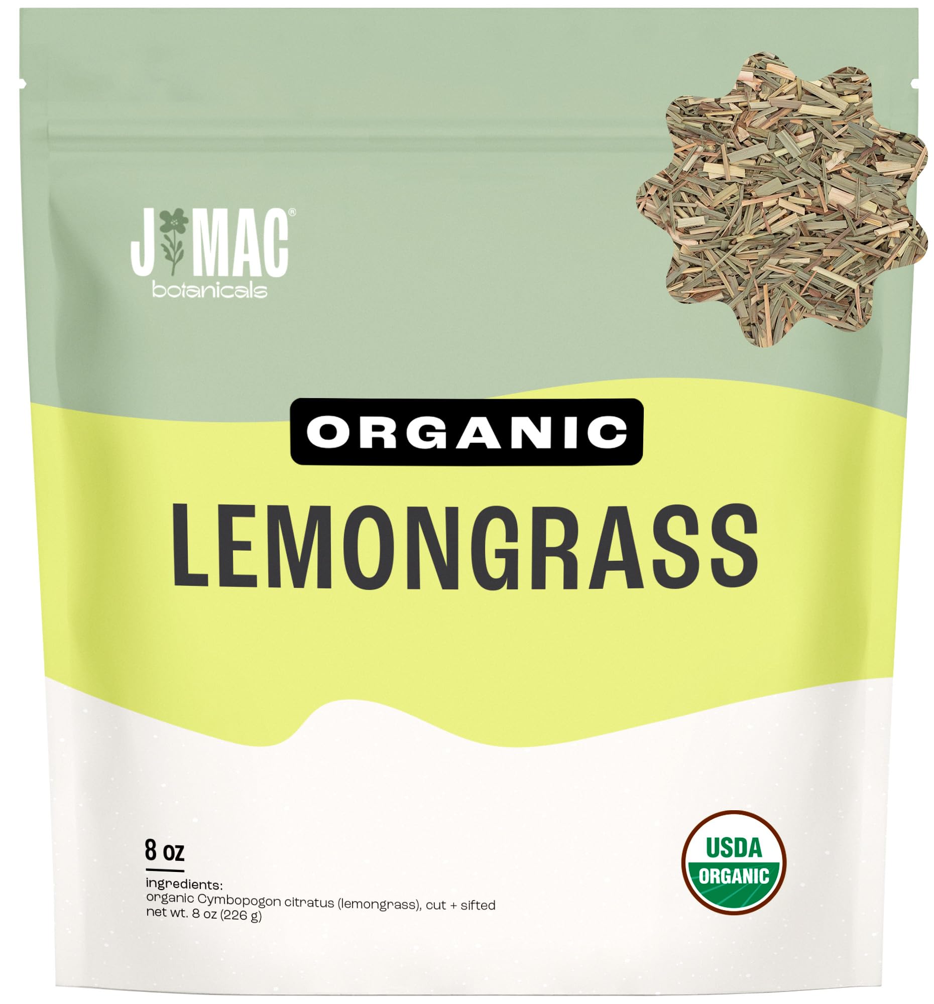 J MAC BOTANICALS Organic Lemon Grass (8 oz bag) Certified USDA Organic, Cut & Sifted Dried Lemongrass tea from Egypt, Packaged in the USA