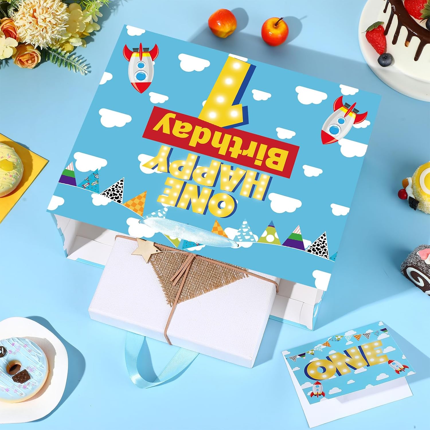 TagreSpike Cartoon Story 1st Birthday Gift Bag One Sweet Boy Party Favor Bag with Card and Tissue Paper Blue Sky White Clouds Wrapping Paper Bag for Kids Story Theme First Birthday Party Favors