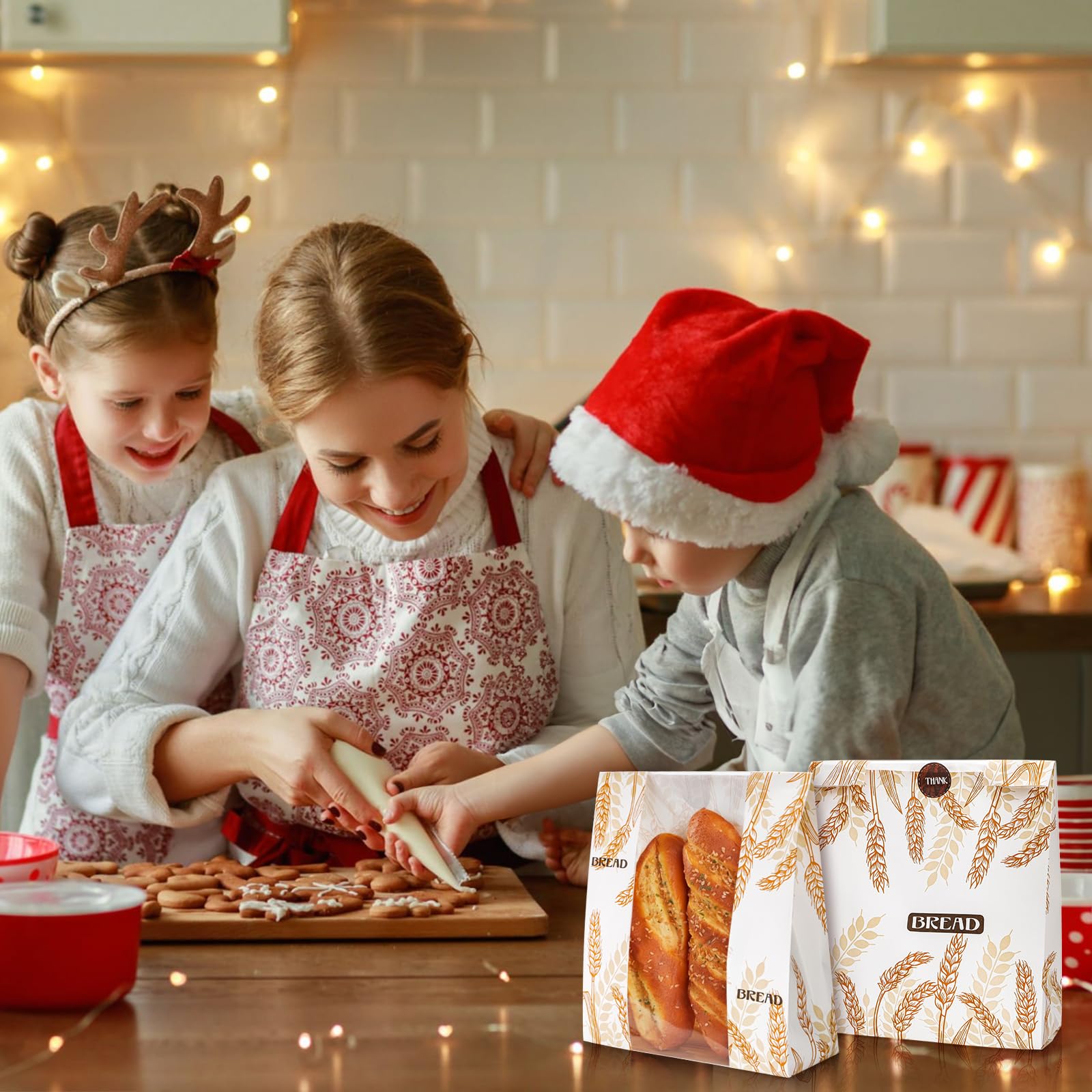 Paquete de 100 bolsas de papel para pan con ventana transparente, 10 x 14 x 4 pulgadas, bolsa de pan casera con calcomanías, bolsas grandes de panadería, bolsa de almacenamiento de pan de masa