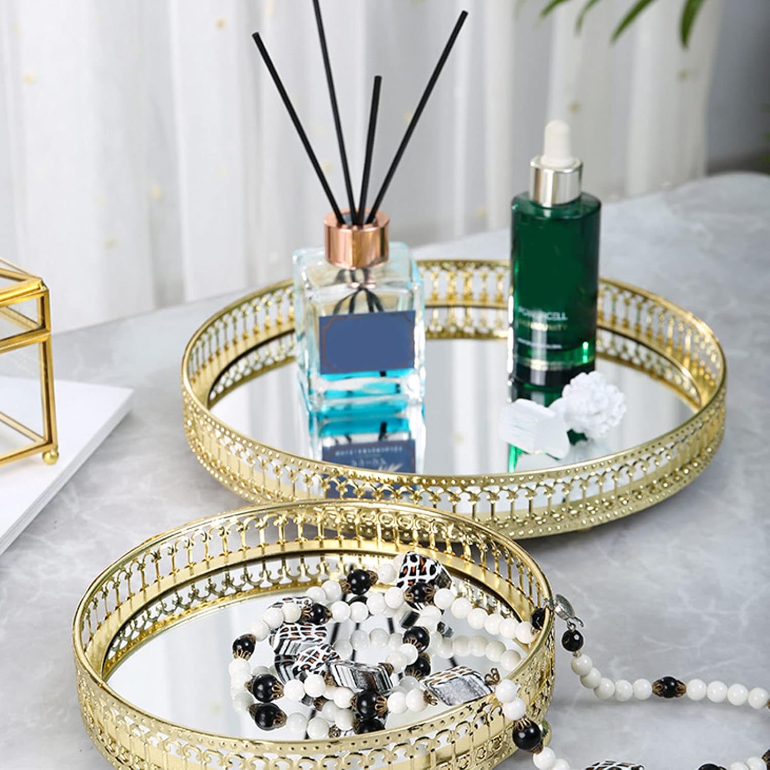 9.8×1.7in Round Decorative Mirror Tray American Style Makeup Organizer Jewelry Organizer Serving Tray with Decorative Geometric Shape Side for Whiskey Decanter, Vanity Set, Perfume Tray