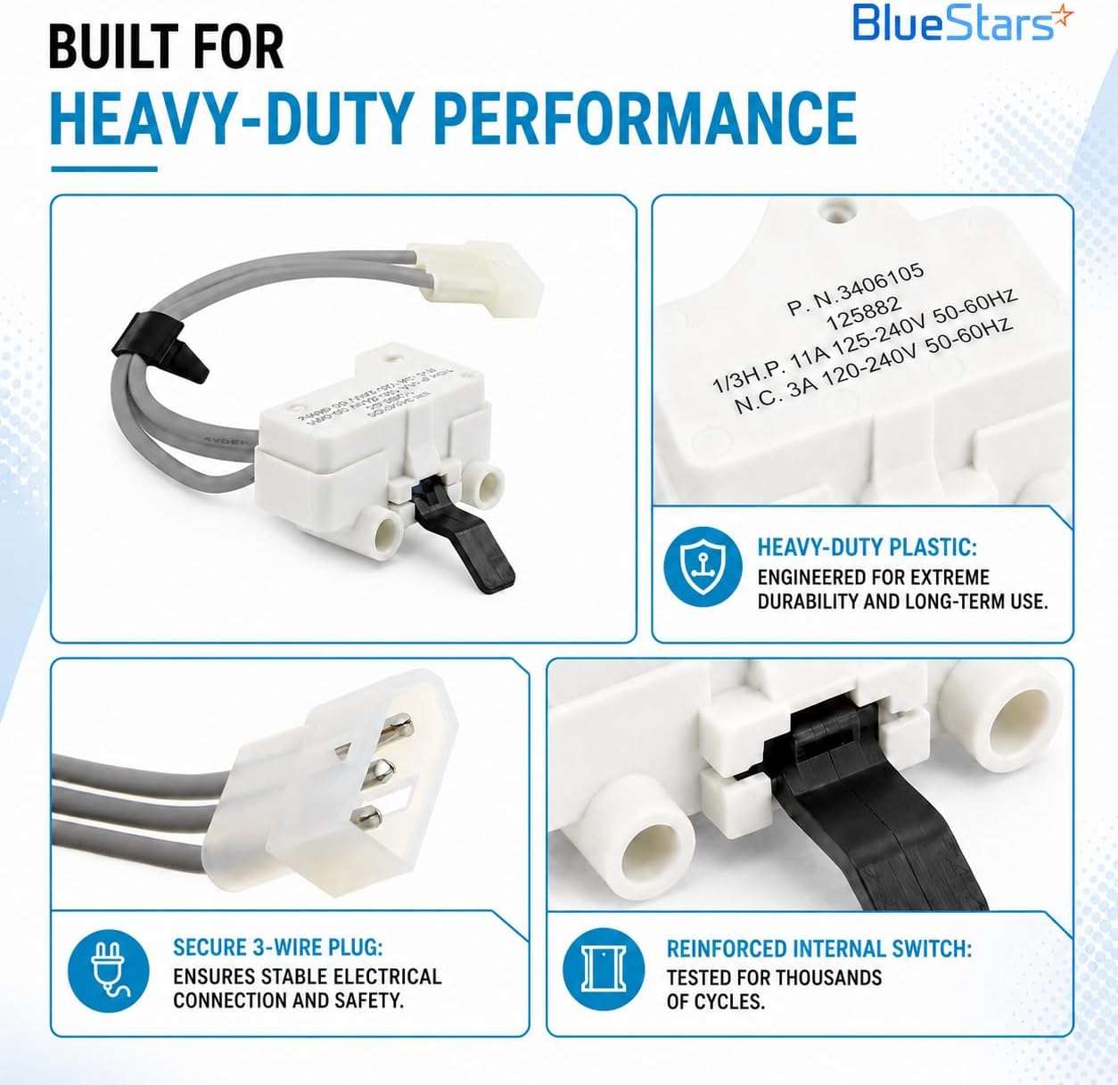 BlueStars Ultra Durable 3406105 Dryer Door Switch - Compatible with Kenmore Whirlpool KitchenAid 11060012000 11060022010 11060232000 3LER5436EQ0 3LGR5436EQ0 7MBPS8843MQ0