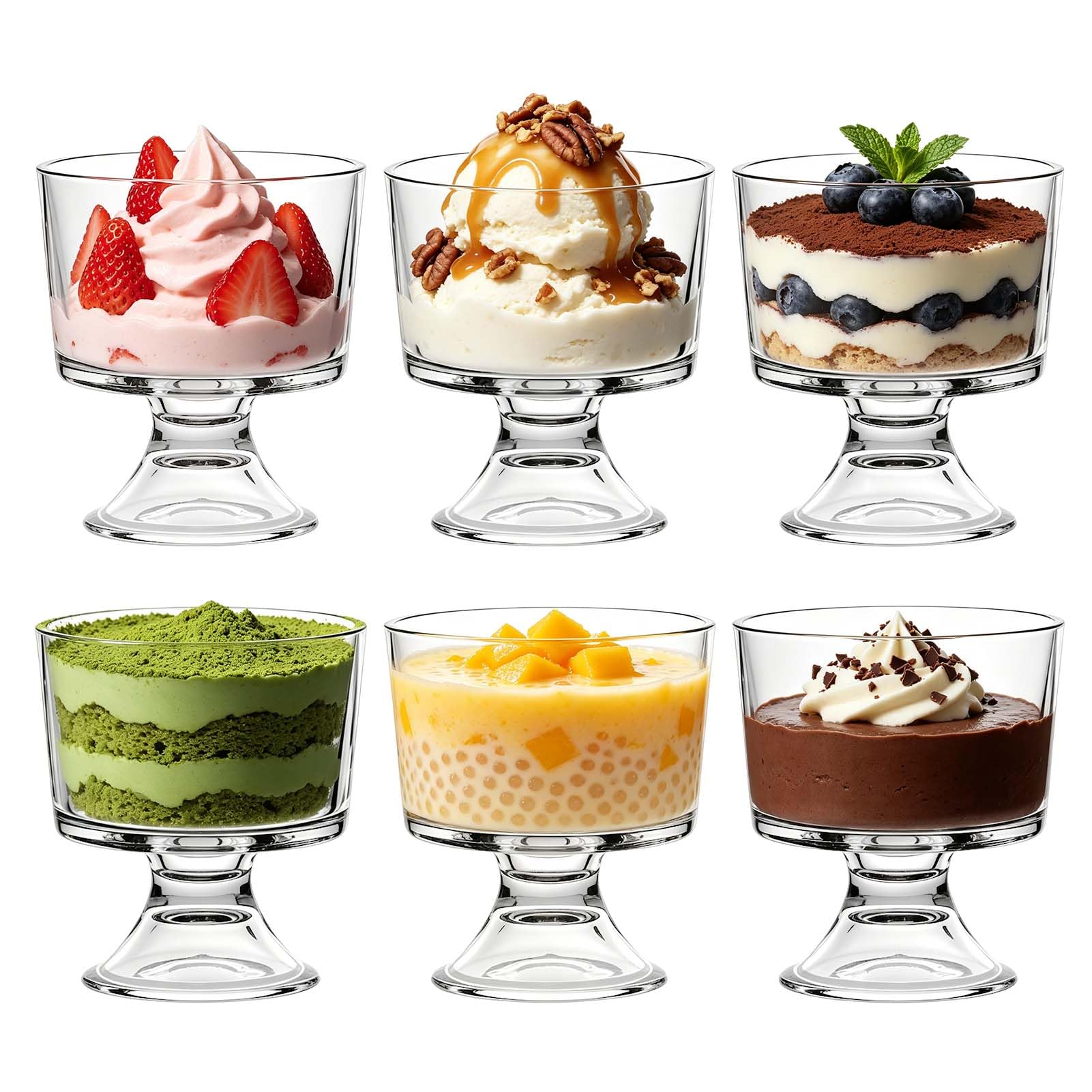 KIXINY Set of 6 Glass Dessert Bowls, 280 ML Sundae Glasses Ice Cream Bowls, Elegant Short Stem Cocktail Glasses Perfect for Desserts Mousse Fresh Fruit Salad