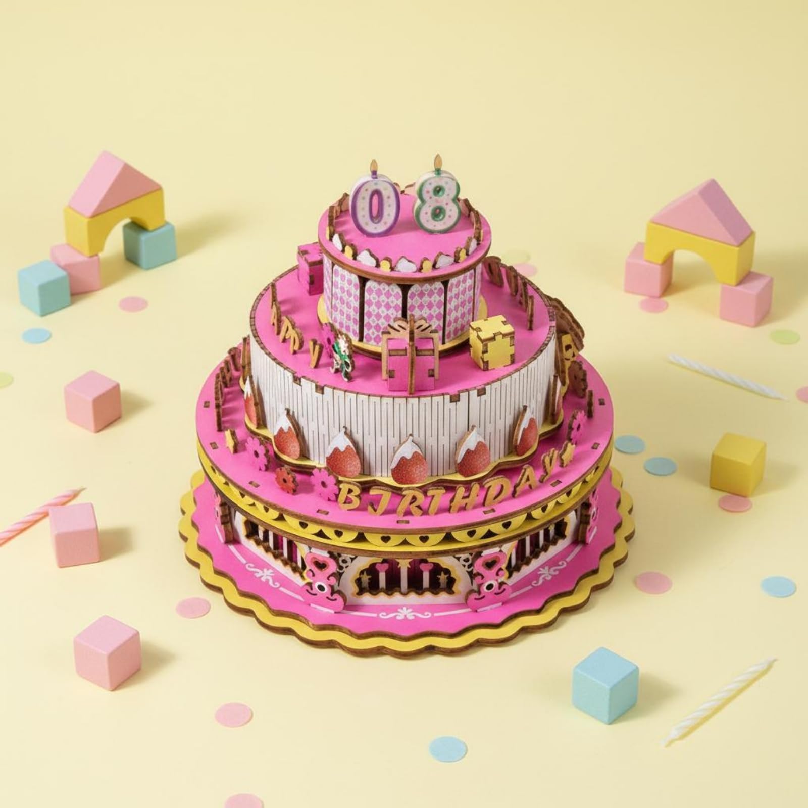 Rompecabezas de Madera Infantil Caja de Música Pastel Juego Didáctico Manualidad DIY Construcción Manual Exhibición Bonita Adecuado para Cumpleaños Fiestas Regalo Actividades en Casa, Rosa