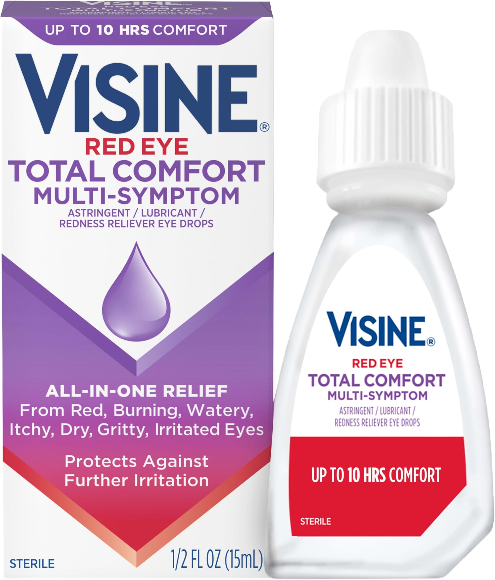 Visine Red Eye Total Comfort Multi-Symptom Eye Drops, All-in-One Astringent, Lubricant & Redness Reliever Eye Drops for Irritated, Dry, Burning, Watery, Itchy, Red, Gritty Eyes, 0.5 fl. oz