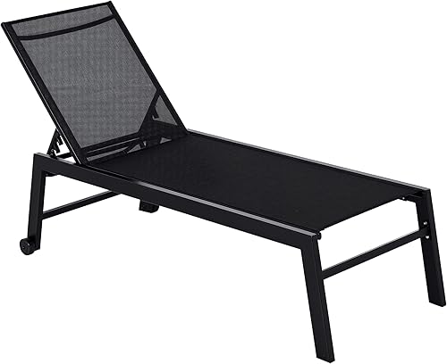 Outsunny Tumbona para exteriores con ruedas, reclinable de cinco posiciones para tomar el sol, tomar el sol, marco de acero, tela transpirable para