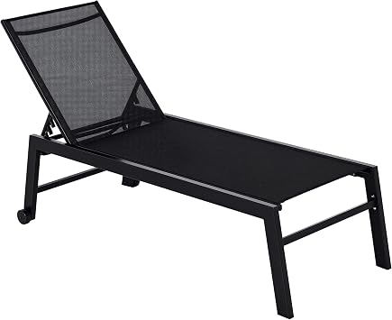 Outsunny Outdoor Chaise Lounge with Wheels, Five Position Recliner for Sunbathing, Suntanning, Steel Frame, Breathable Fabric for Beach, Yard, Patio, Black