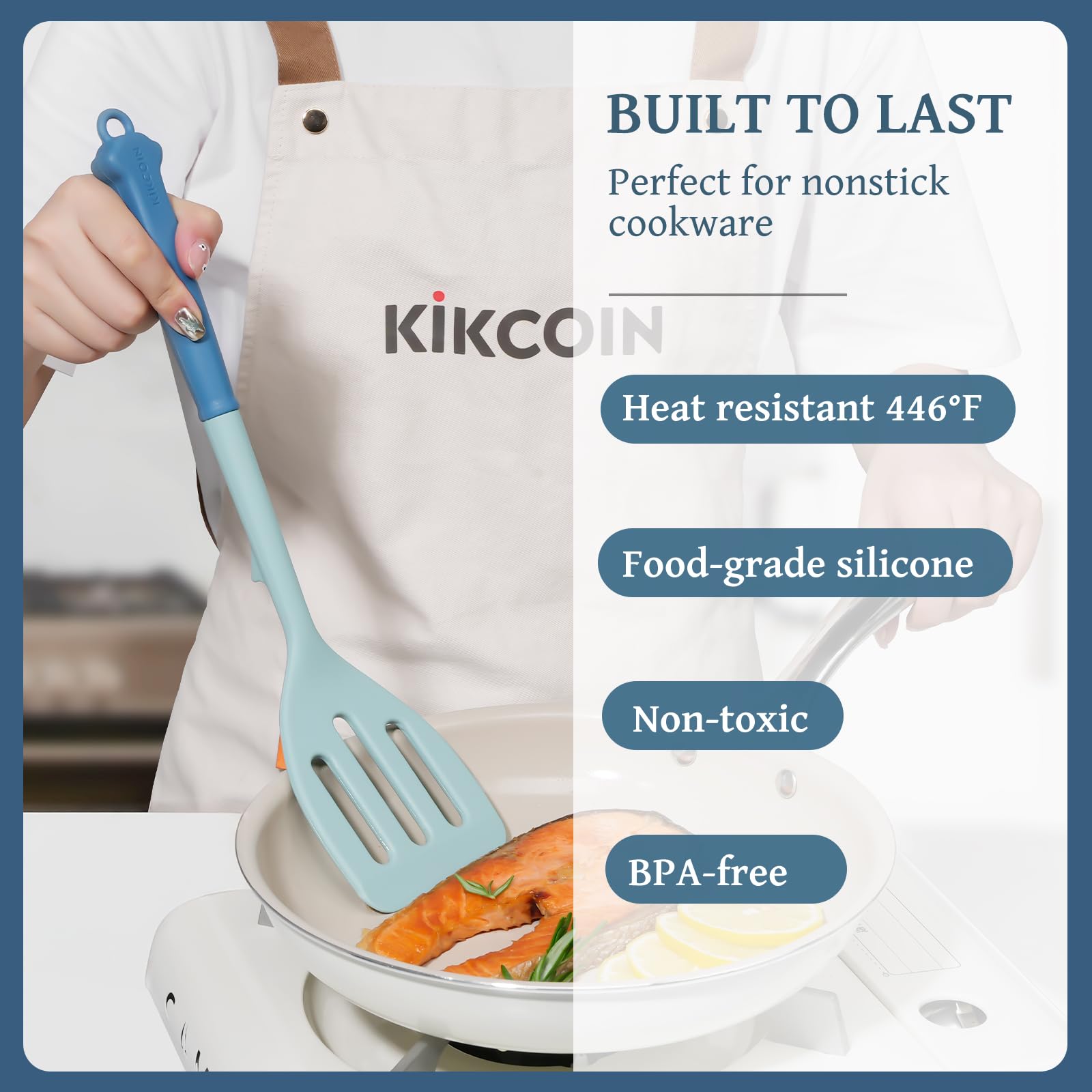 Kikcoin Set di 43 utensili da cucina, set di utensili da cucina in silicone, lavabili in lavastoviglie, set di spatole antiaderenti, resistenti al calore fino a 230 °C, con supporto, senza BPA, blu