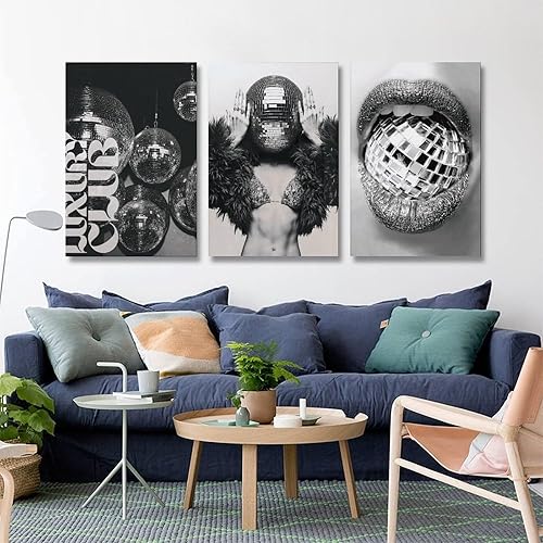 Miniatura 3 de 9W Juego de 3 piezas de arte de pared de disco  Póster retro glamuroso con cabeza de discoteca para mujer, decoración de fiesta de lujo de los años