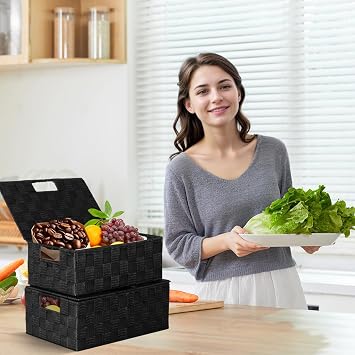 Woven Polypropylene Basket Set of 5, Woven Storage Basket Tote Container, Small Basket Organizer Bins for Drawer, Bedroom, Bathroom, Office, Shelf, Dresser, Black