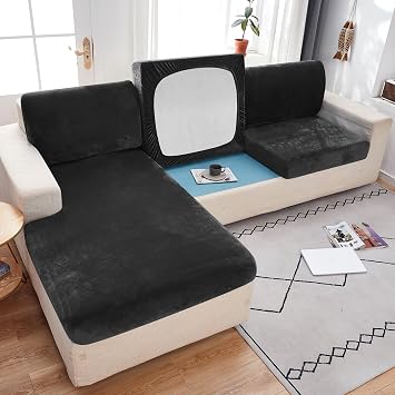 Sofa Seat Cushion Cover Stretch Velvet Sofa Slipcovers 1 2 3 4 Seater Corner L U Shaped Sofa Back Cushion Covers Replacement For Individual Cushion1 Seater Cover L 65-95cm- W 65-95cm,Black