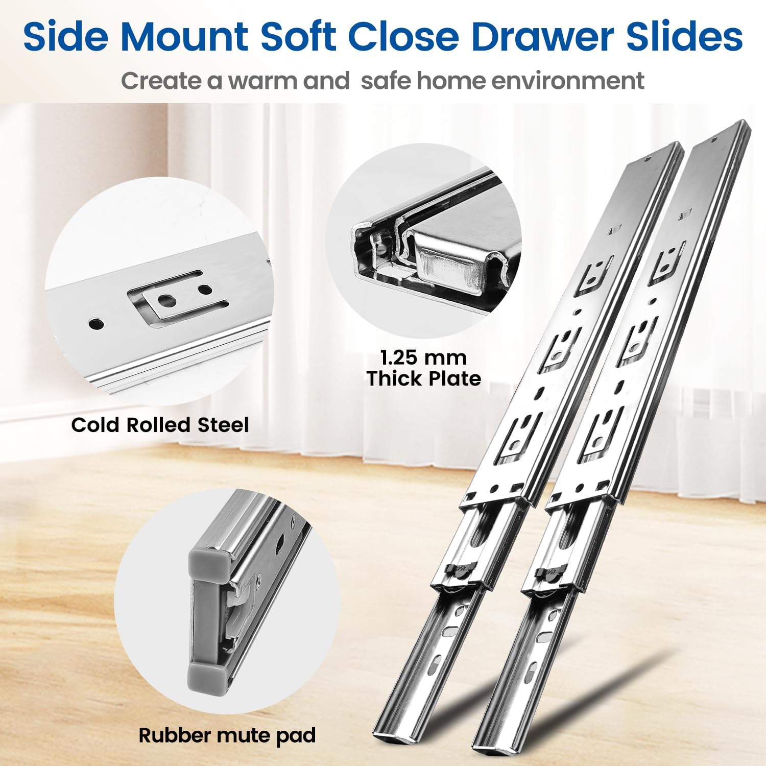 meite 1 Pair Soft Close Drawer Slides 14 Inch Ball Bearing Full Extension Dresser Drawer Glides Side Mount Heavy Duty Cabinet Rails 100 LB Capacity