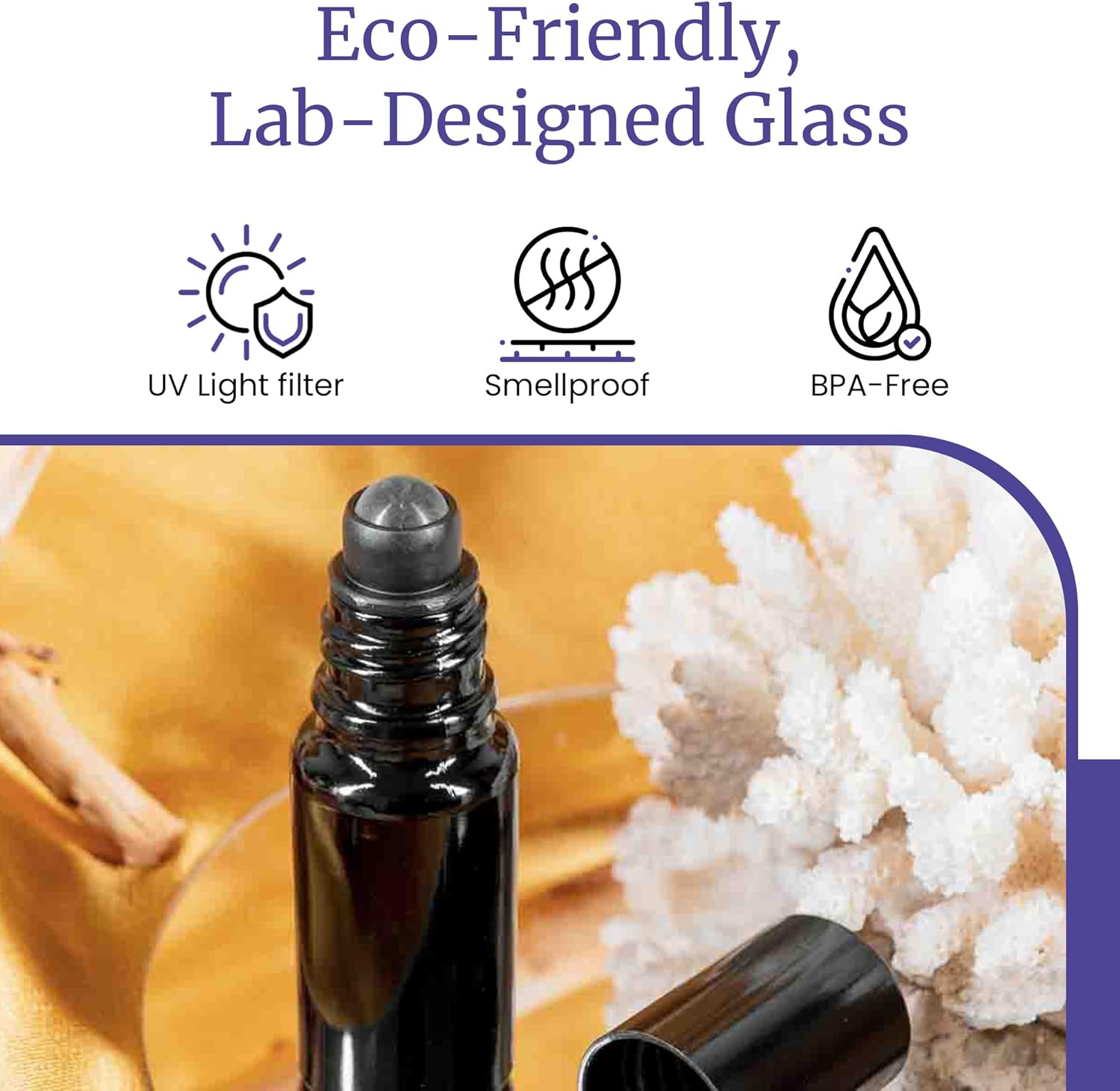 Infinity Jars Black Ultraviolet Glass Bottle 15 Ml (.5 fl oz) w/Glass Ball Roll on Tip Screw top Bottle for Essential oil, Airtight Round Bottles Cosmetic Containers Roller Bottles w/Black Cap 10-Pack