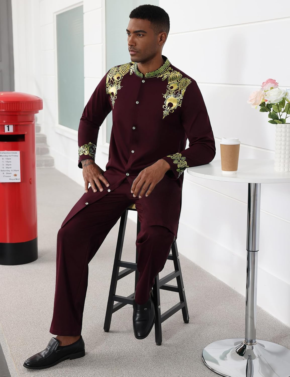 Mens Long African 2 Piece Set Nigerian Dashiki Metallic Traditional Suit Gold Stamp Printed Shirt and Pants Outfit - Image 3