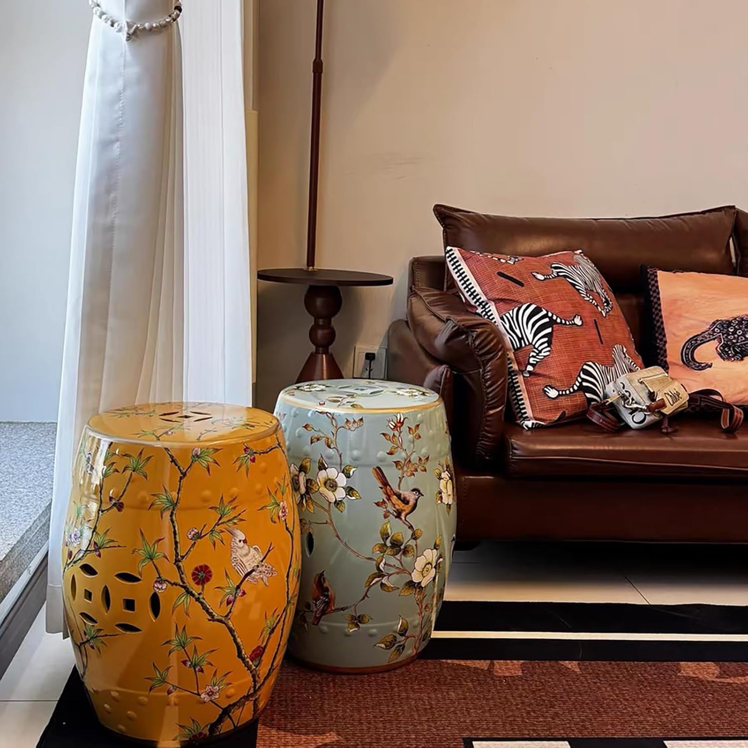 Ceramic Garden Stool,Floral Bird Drum Accent Table,Glazed Hand-Painted Design,Flower&Butterfly,Indoor/Outdoor Side Table Ottoman for Living Room, Bedroom, Patio, Bathroom