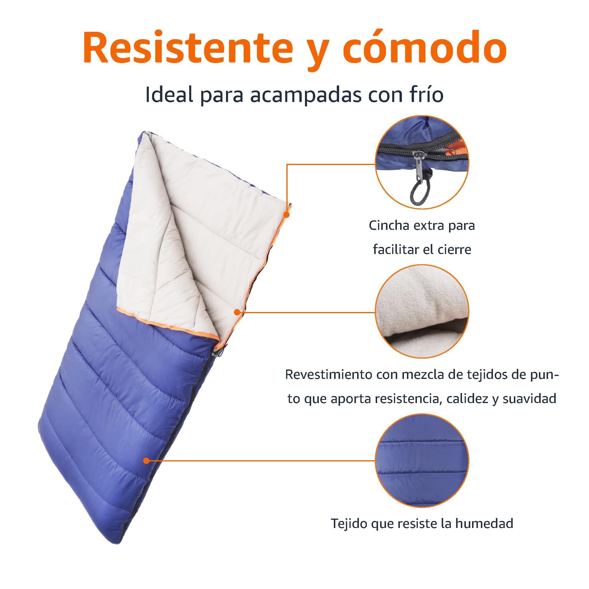 Amazon Basics Saco de Dormir Ligero, 4 Estaciones, para Clima Frío y Cálido, Camping y Senderismo, 190 x 83 cm, Azul