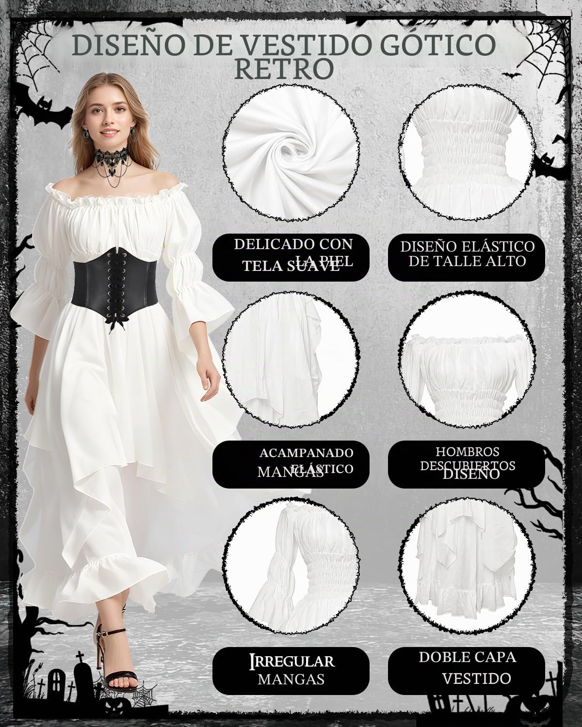 Vestido Medieval para Mujer, Vestido Renacentista con Cinturón, Disfraz de Gótico, Collares, Pulseras, Pendientes,Victoriano para Carnaval, Halloween, Fiestas de Princesas