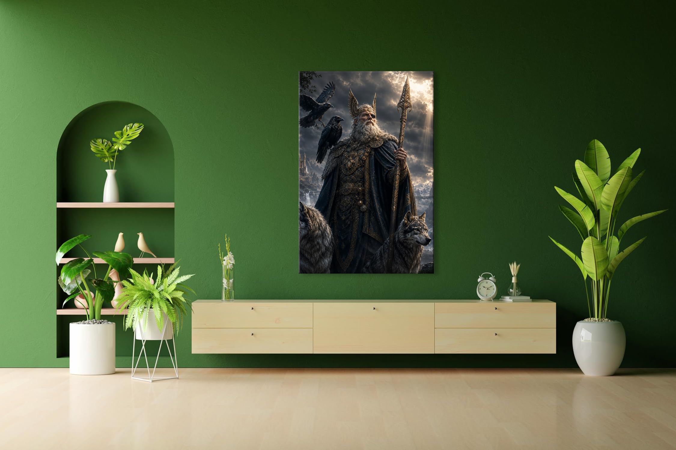 Farbenhorizont Leinwandbild Weiser Odin mit Raben und Wölfen vor mystischer Festung Format: 120x80cm XXL Wandbild auf Keilrahmen/Kunstdruck/Bild Wohnzimmer Dekoration