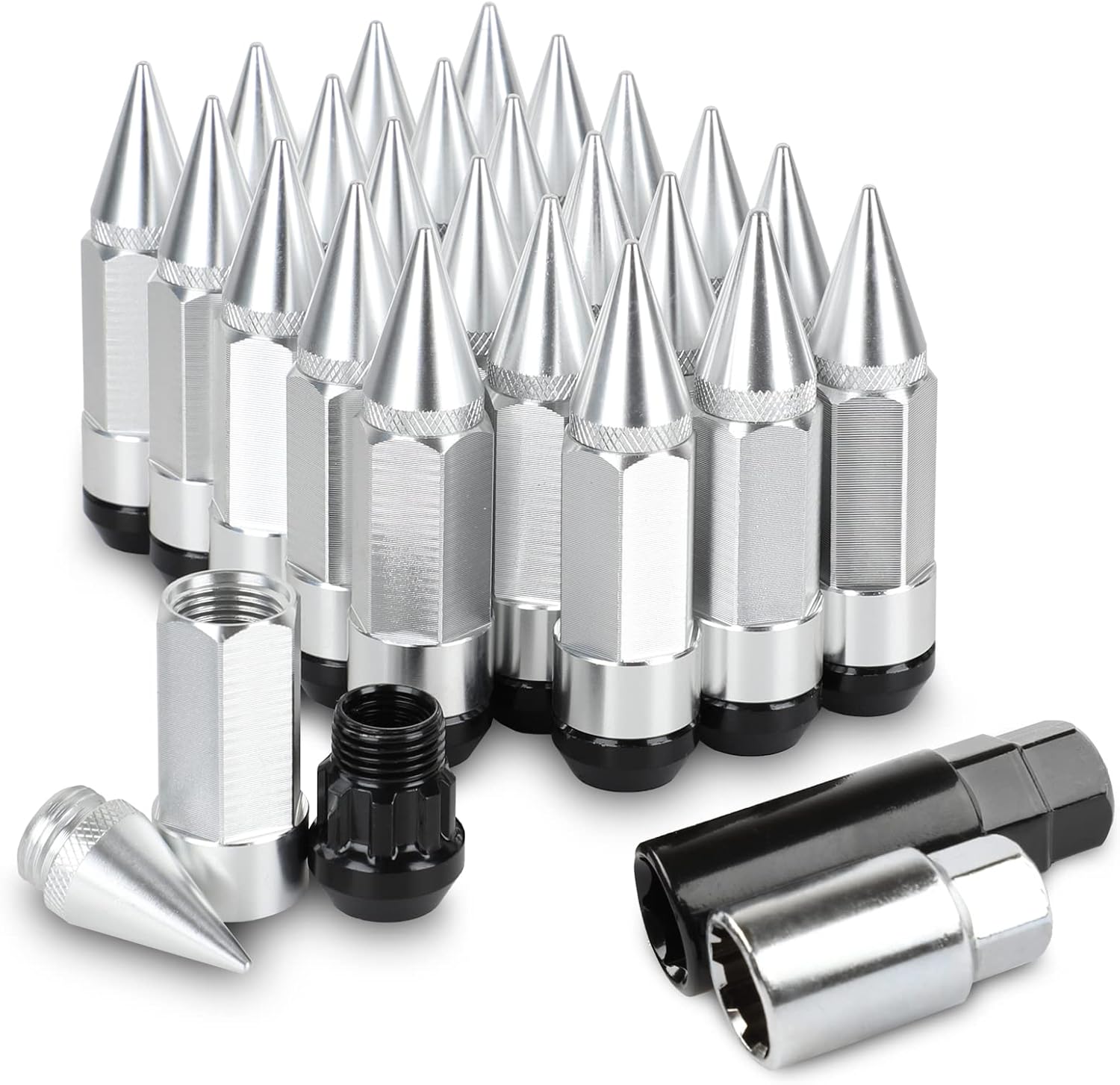 24Pcs Anti Theft Spikes Extended Tuner Wheel/Rims Lug Nut M14X1.5+Socket(Silver)