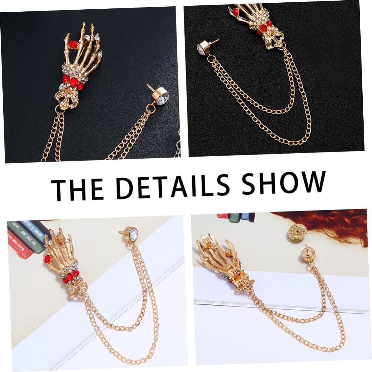 OSALADI Gold Retro Rhinestone Skull Hand Brooch Pin Halloween Skeleton Brooch Party Accessory for Women Vintage Gothic Jewelry