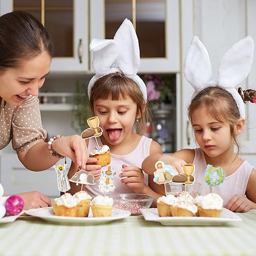 Miniatura 6 de Gyufise 24 piezas de decoración para cupcakes de Pascua Oh Baby con purpurina azul conejito feliz Pascua para conejito temática de Pascua niños