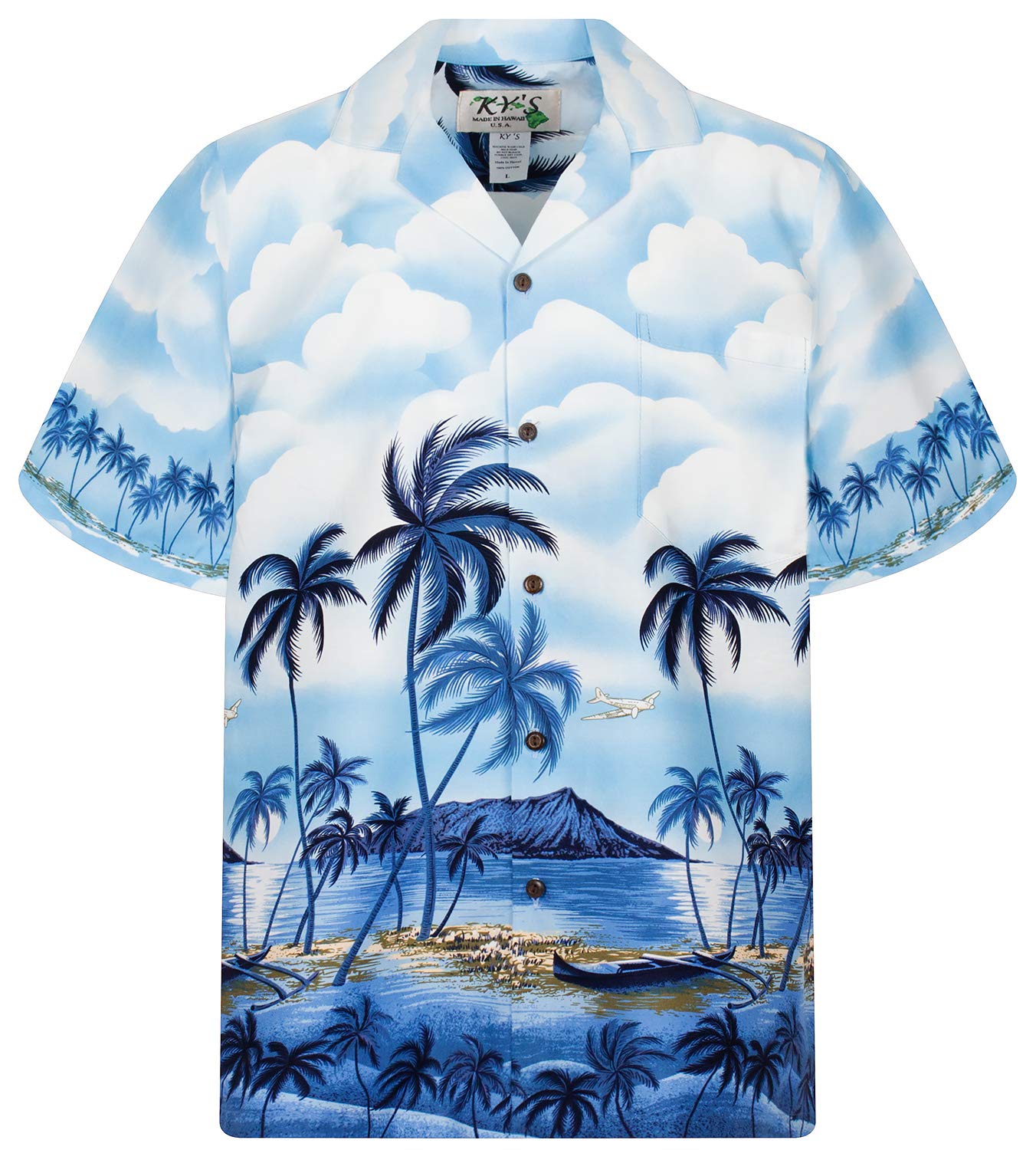 KY's Camicia hawaiana originale | da uomo | S – 8XL | manica corta | tasca frontale | stampa hawaiana | spiaggia palma | blu Blu XL