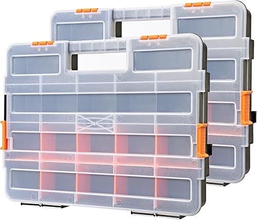 EMENTOL Juego de 2 organizadores de cajas de herramientas, 20 divisores extraíbles, caja de plástico duradera, excelente para tornillos, tuercas,