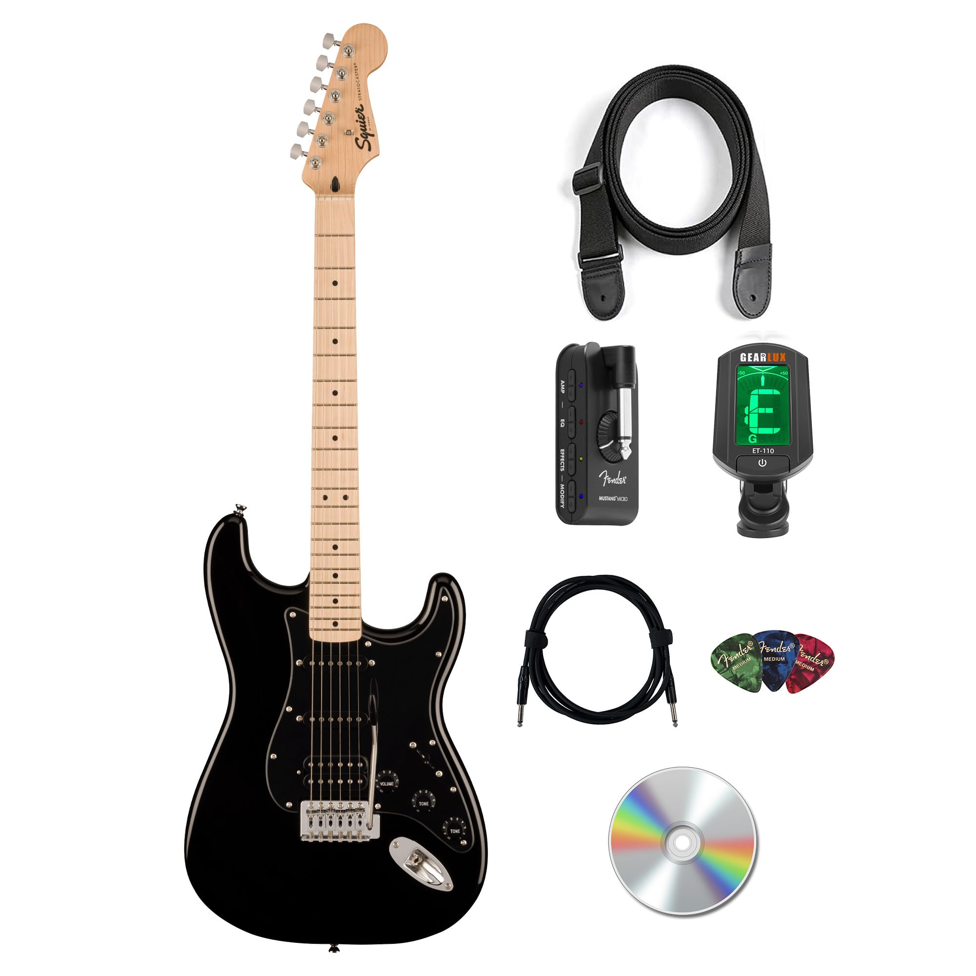 Fender Squier Sonic Stratocaster HSS - Black Bundle with Mustang Micro Headphone Amplifier, Instrument Cable, Tuner, Strap, Picks, and Austin Bazaar Instructional DVD
