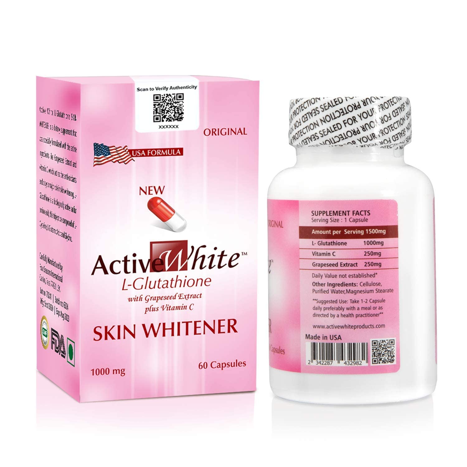Active White L-Glutathione Supplement – Antioxidant Support with Grapeseed Extract & Vitamin C – 60 Capsules Health & Personal Care