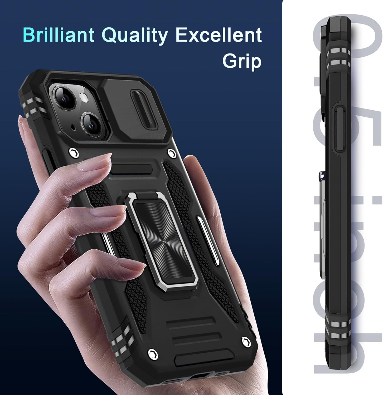 DEERLAMN Case for iPhone 14 Plus with Slide Camera Cover+Screen Protector(1 Pack), Rotated Ring Kickstand Military Grade Shockproof Protective Cover 6.7 Inch-Black - Image 8