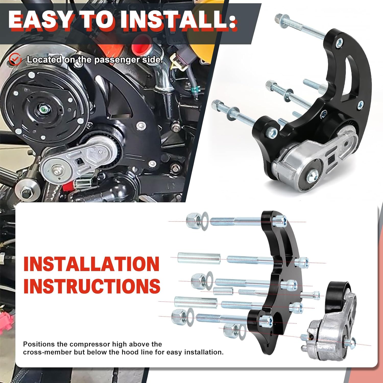 LS Swap R4 AC Compressor High Mount Bracket Kit with Belt Tensioner Compatible with Chevrolet GMC SUV Truck Vortec Engines LS1 LS2 LS3 LS6