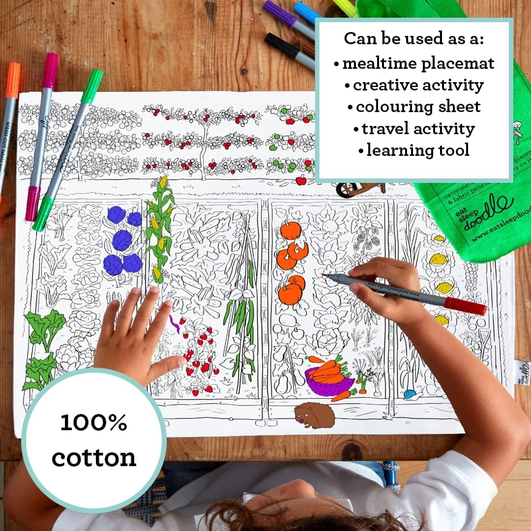 eatsleepdoodle Fruit and Vegetable placemat in its own Cotton Bag to Color-in Features a Fun, Educational Coloring Placemat, Washable Felt tip Fabric Markers Included