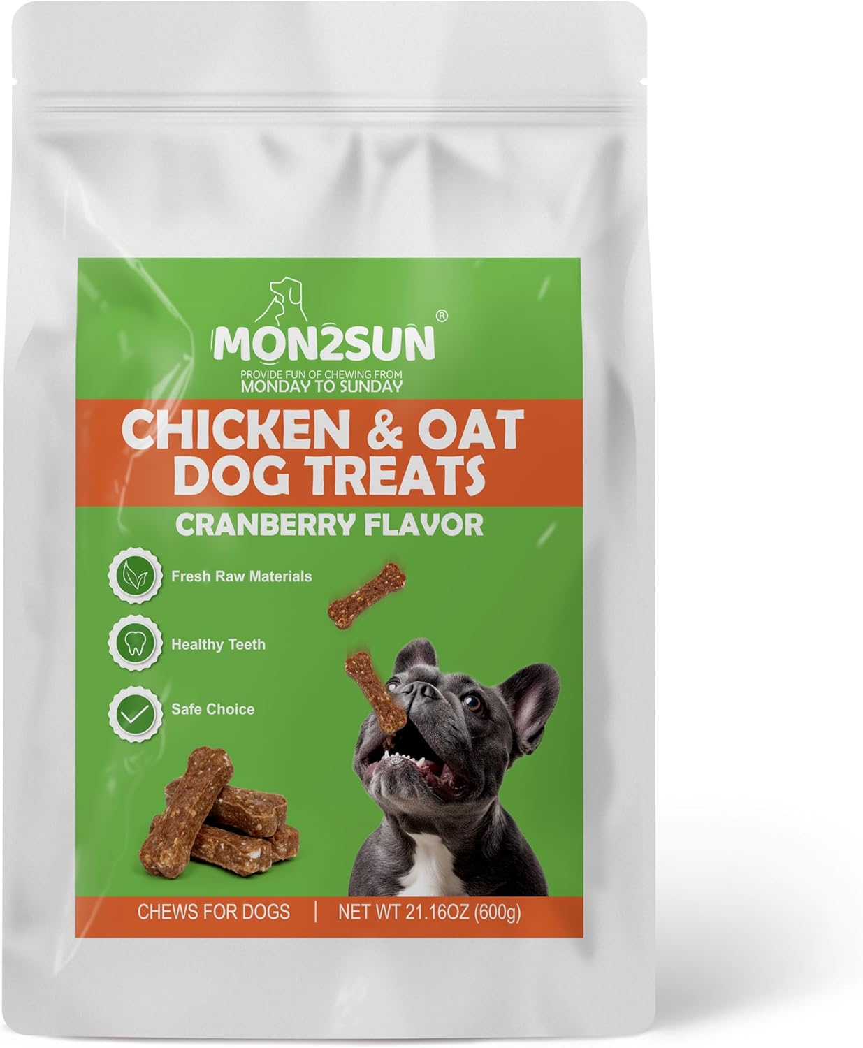 MON2SUN Low Fat Crunchy Training Treats for Small Dogs, 2 Inch Baked Bones with Chicken, Oats & Cranberry, 21.16 oz (70 Count)