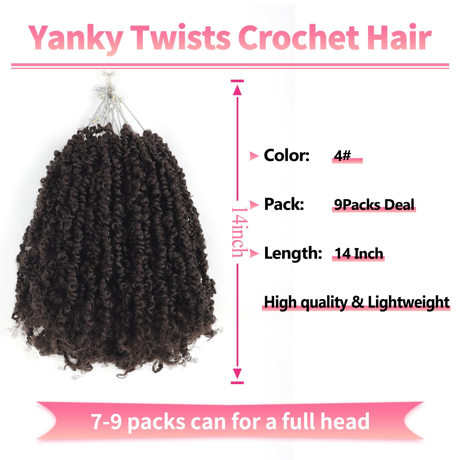 Alaleibaby 9 Packs Yanky Twist 14 inch Crochet Hair Pre-Twisted Curly Braiding Hair Extensions Pre-looped brown Yanky Twists Hair with Curls (4# - Image 2