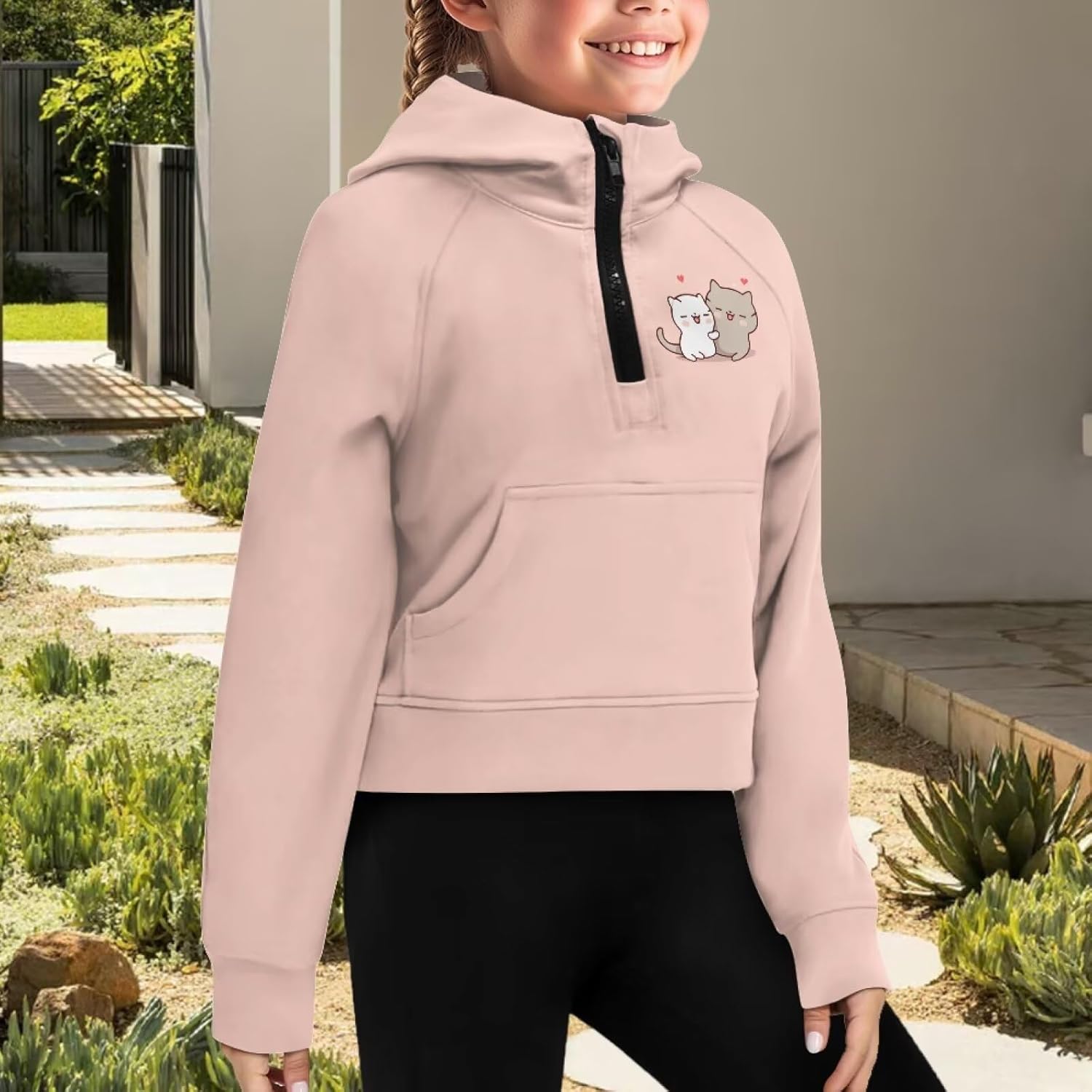 Breathable Girls Hoodie for Sports Stretchy Half Zip Raglan Cropped Sweatshirt with Front Pocket Ages 5-14
