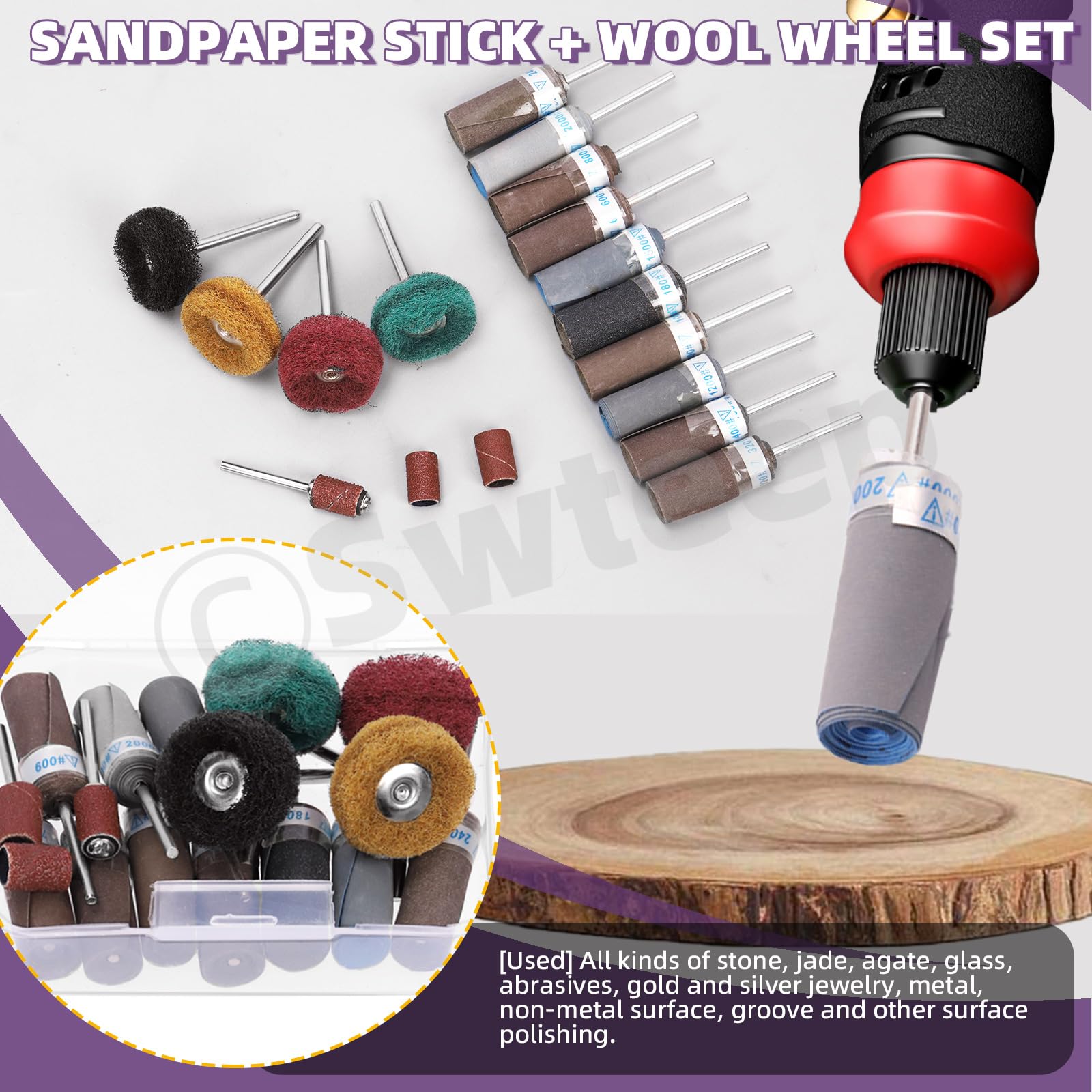 Swpeet Kit assortito di levigatrici a tamburo da 18 pezzi, 10 pezzi con gambo da 3/32 ", 180-2000 grit, 4 ruote per lucidatura a grana 120-400, 1 mandrino a tamburo con 3 tamburi di sabbia a grana 80