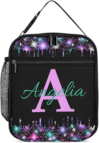 Miniatura 10 de Bolsa de almuerzo con nombre personalizado para hombres y mujeres, con monograma de purpurina azul, hielera, portátil, con nombre, para niñas, azul