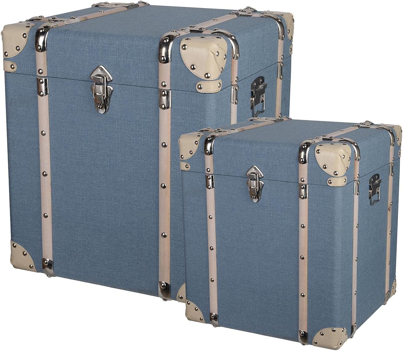 A and B Home 40758-DS 20" and 18" H Square Pale Blue and Cream Wood/Linen Indoor Cubes (Set of 2), w/Leather Upholstery, Wooden Trunks, Storage Chest : Home & Kitchen