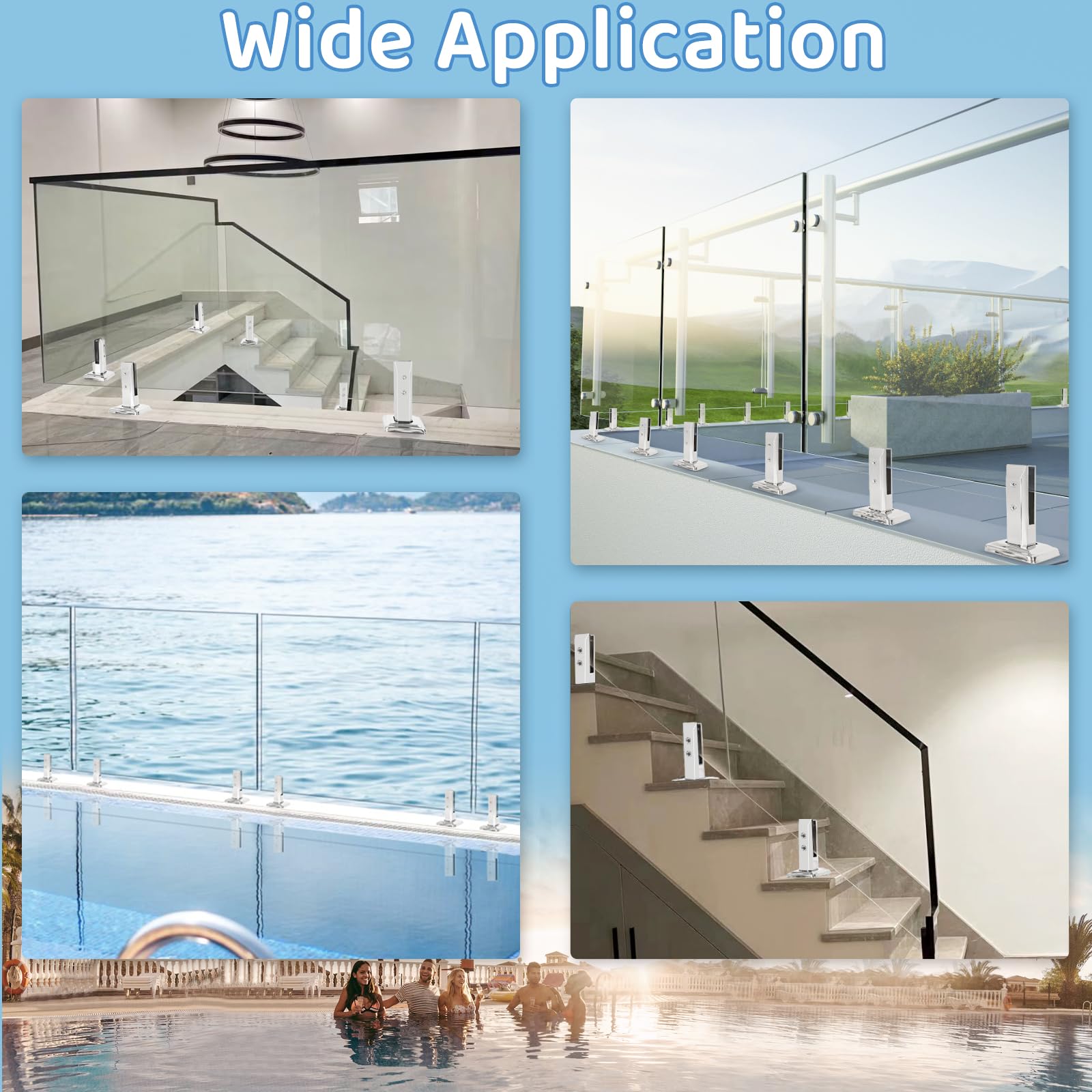 OUUTMEE Abrazadera de cristal de pie, 1 abrazadera de cristal grande de acero inoxidable 304, negro, soporte de cristal para escaleras, soporte para vidrio, valla, piscina, vidrio para pasamanos