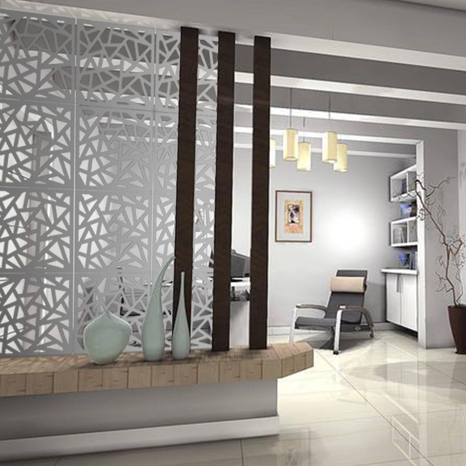 Stepstall Hanging Room Divider Made of Environmentally PVC, 12 PCS Room Divider Partitions Panel Screen for Decorating Bedroom, Dining, Study and Sitting-Room, Hotel, Bar and Restaurant（White）