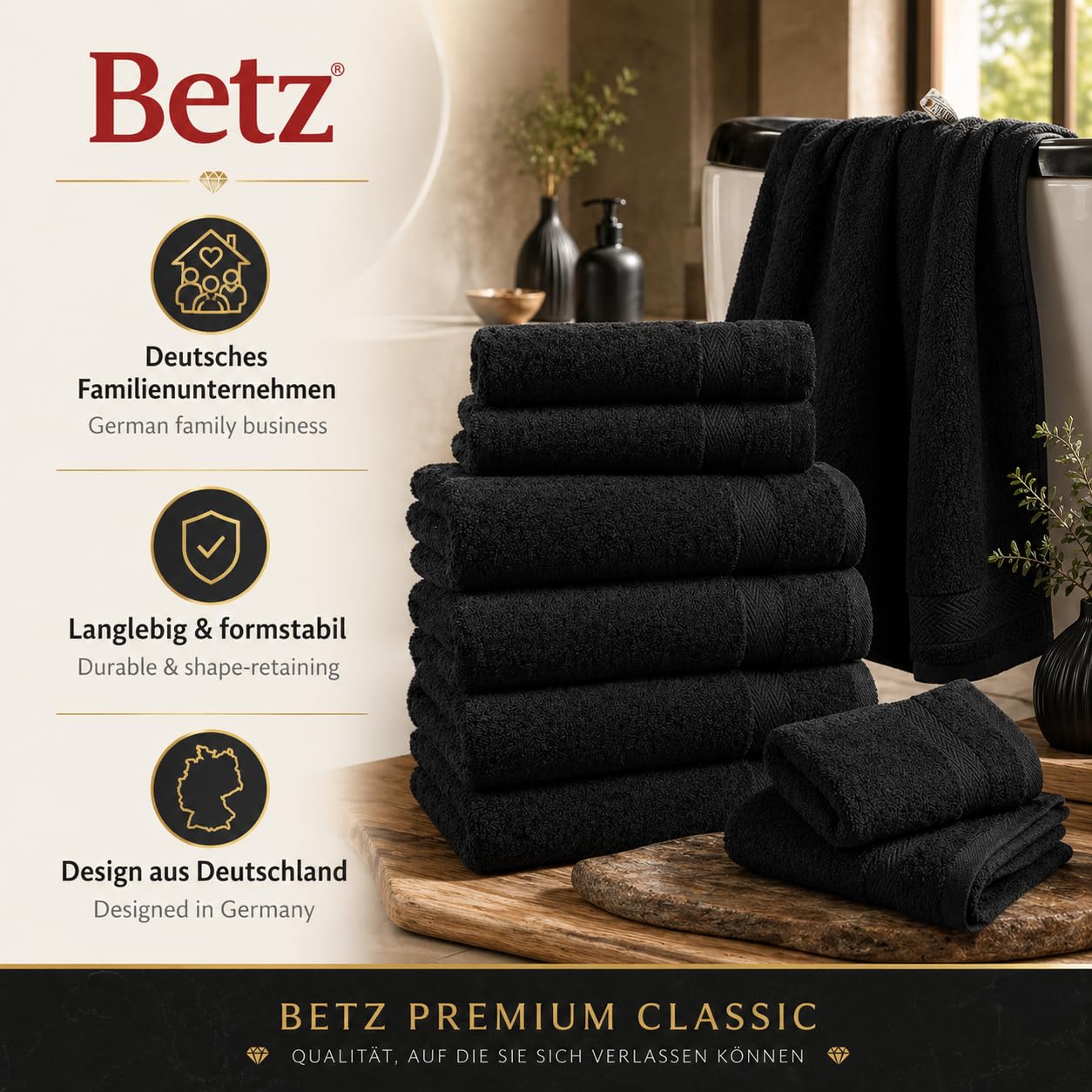 Betz Juego de 10 Toallas Classic 100% algodón 2 Toallas de baño 4 Toallas de Lavabo 2 Toallas de tocador 2 Toallas faciales Negro