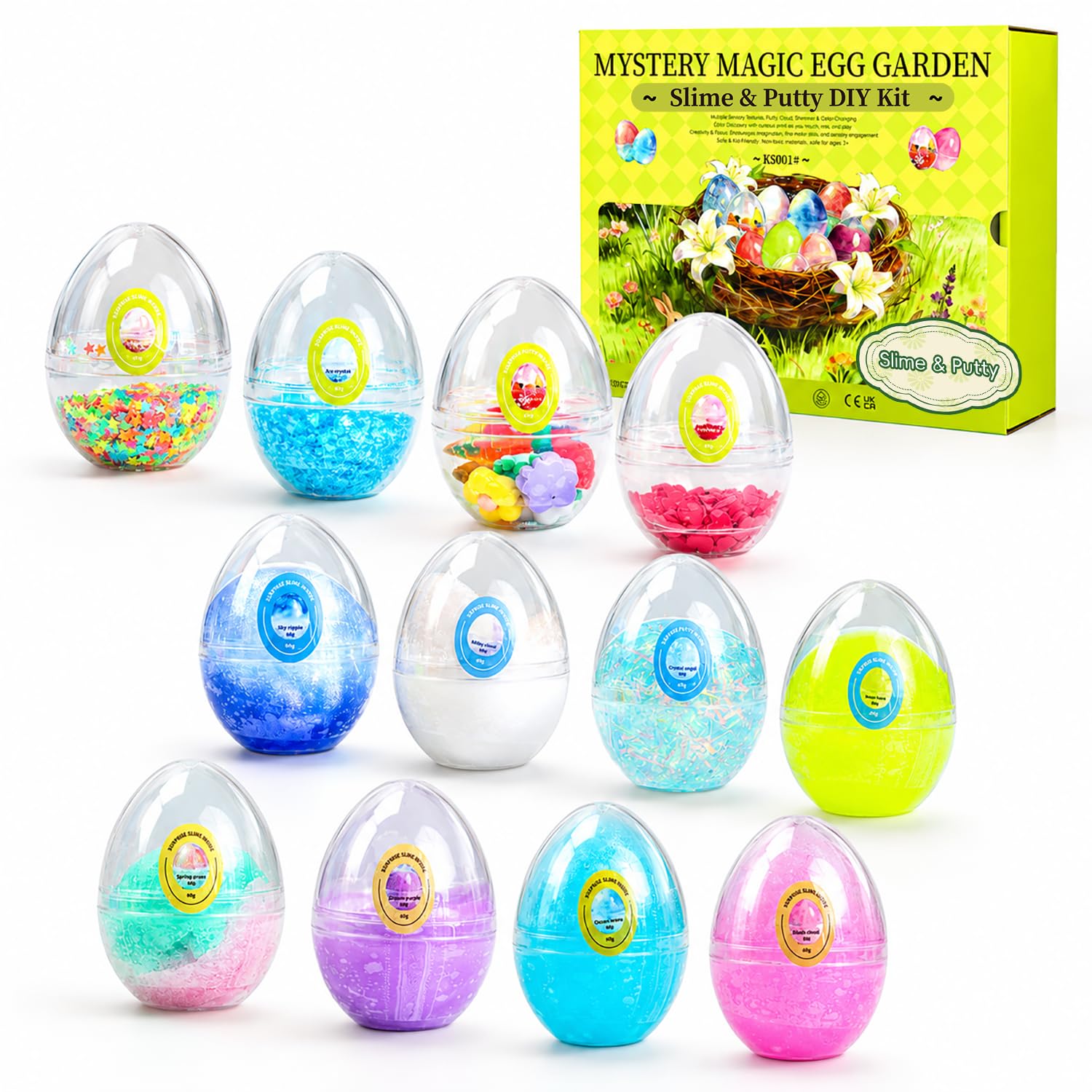 WATERELF 12 Pack Mystery Slime &amp; Putty Eggs Kit for Kids, 4 Fluffy Cloud Shimmer Slime + 4 Color Changing Metallic Putty with Flower DIY Add-ins, Easter Sensory Fidget Toy Gift for Boys Girls Ages 6+