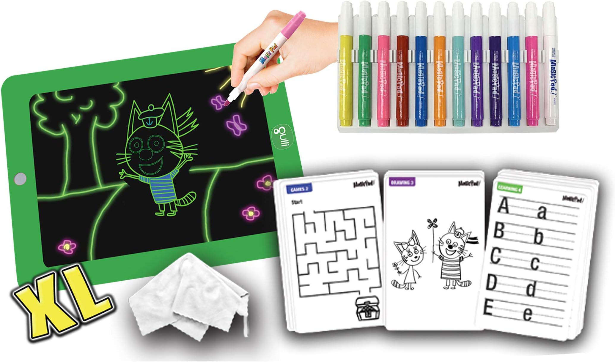 MAGIC PAD XL GULLI – Illuminated Magic Tablet for Children + 42 Stencils (7 Polished Robocar + 7 Cry Babies) + 12 Neon Pens + Eraser – Compact and Portable – Batteries Not Included