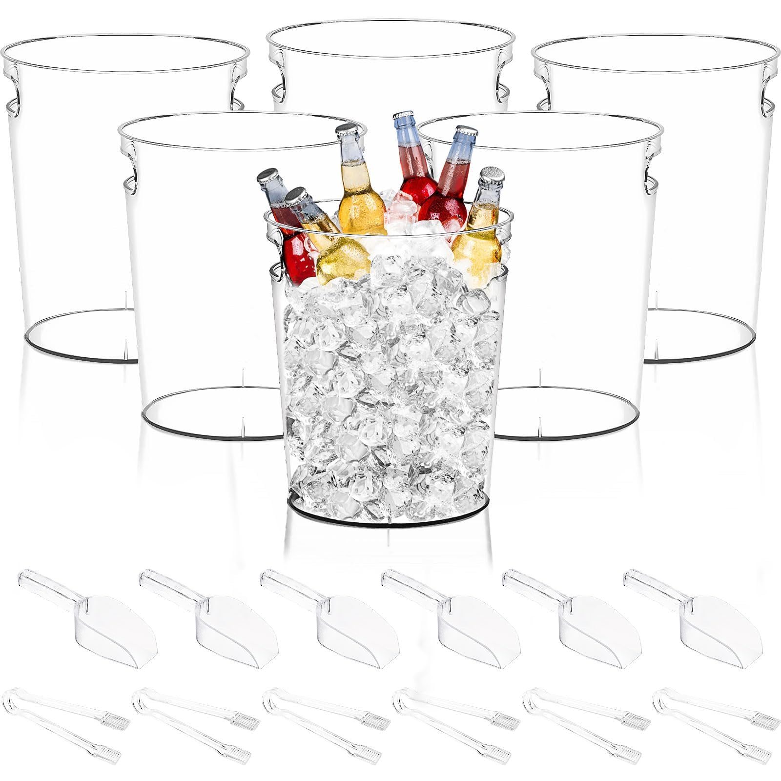 6 Stück Eiskübel 4 L – Klarer Acryl-Eiswürfelbehälter mit 6 Eisschaufeln und 6 Zangen, Kunststoff-Wein- und Sektkühler mit Griff für Getränke, Party, Bar und Zuhause