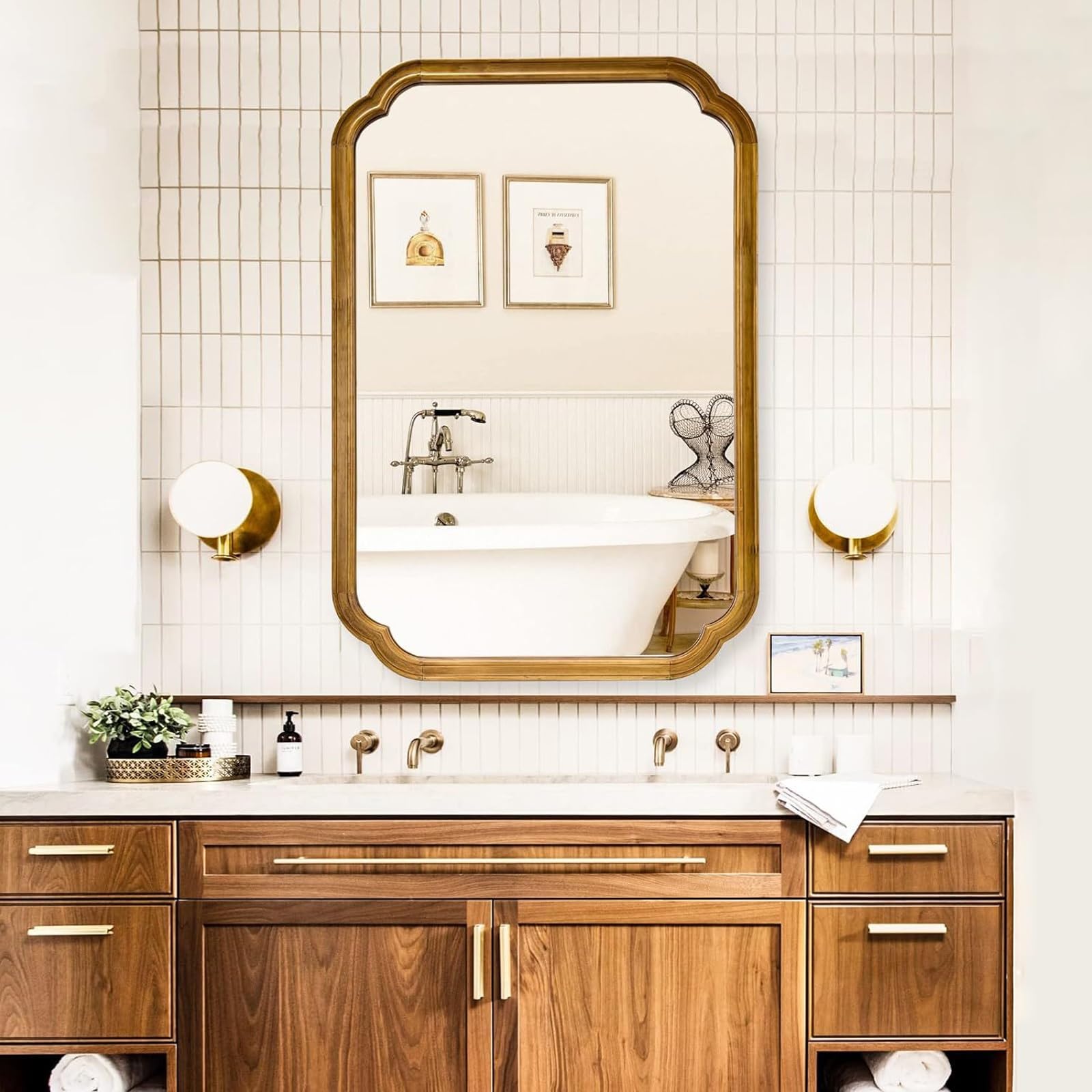 LTSRLL Espejo De Baño Rectangular De 60 X 90 Cm Espejo De Pie con Esquinas Redondeadas Y Arco De Pared con Marco De Madera Rústica