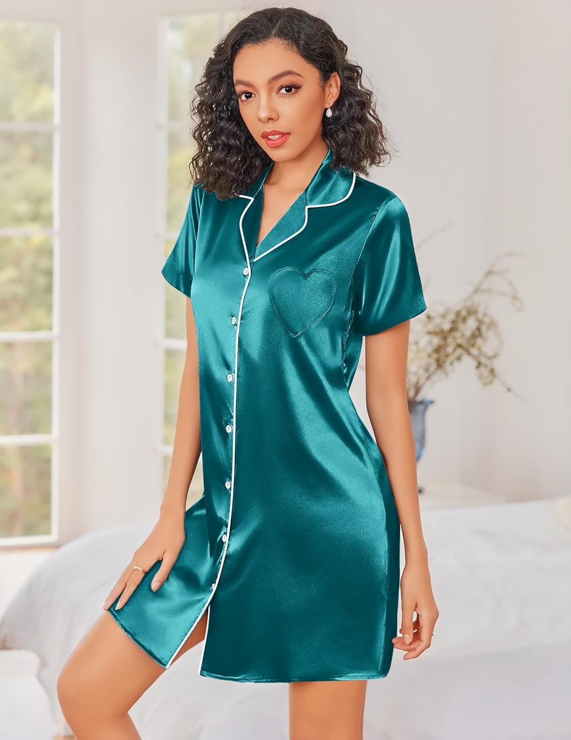 Ekouaer Silk Nightgowns for Women Button Down Nightshirts Short Sleeve Sleepshirts Sexy Nightdress Satin Sleepwear - Image 2