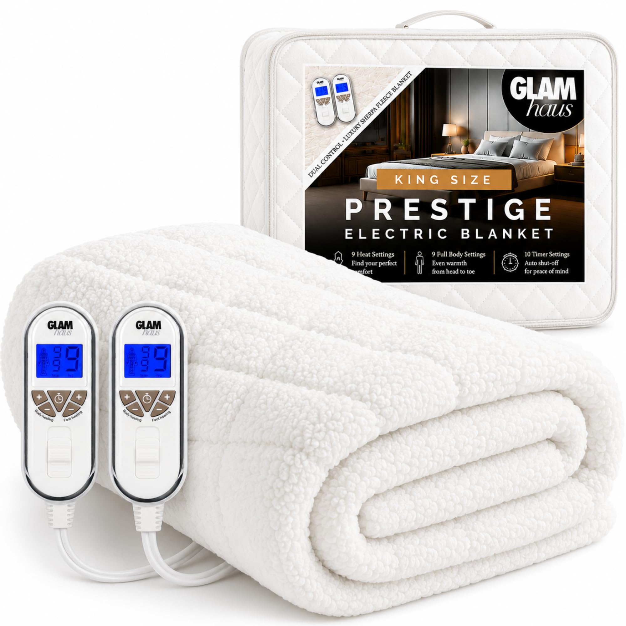 GlamHaus Electric Blanket - Luxurious Diamond-Quilted Sherpa Fleece - 9 Heat & 10 Timer Settings - Individual Body & Feet Settings - Deep Elasticated Skirt - Machine Washable (King)