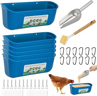 6 Pack Fence Feed Feeder 4.5 Quart Hanging Chicken Feeder Trough with Brush & Scoop Blue Goat Hanging Fence Feeders Feeder with Hooks Screws & Zip Tie for Livestock Feeding Container Goats Supplies