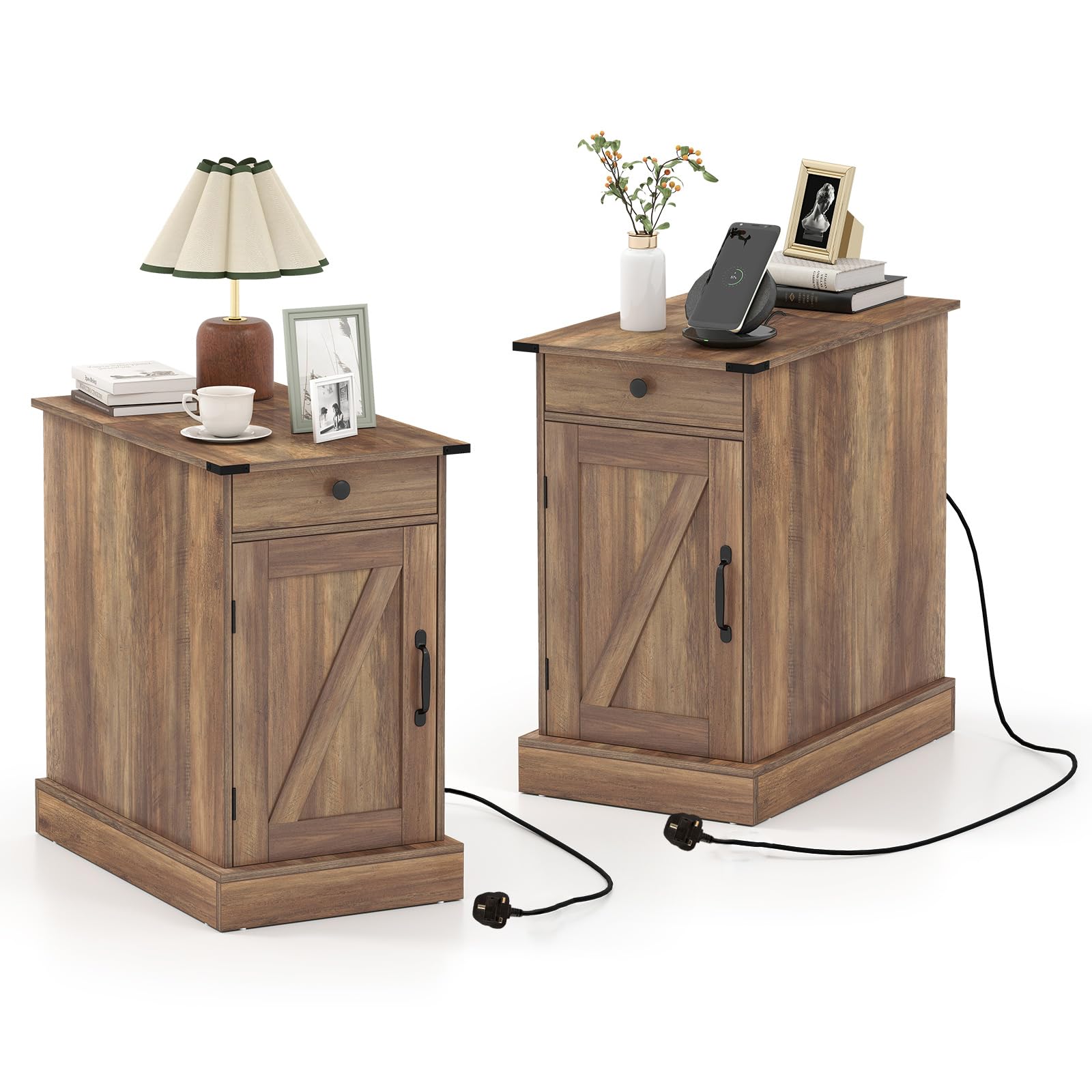 COSTWAY Bedside Table with Charging Station, Wooden Nightstand End Sofa Side Table with Drawer, Cabinet & Adjustable Shelf, Narrow Accent Bedside Cabinet for Small Spaces (2, Rustic Brown)