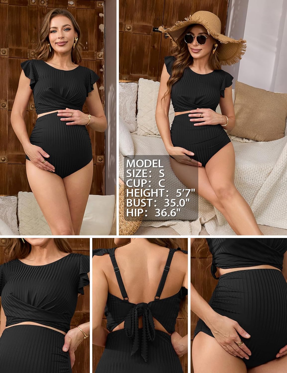 Bhome Maternity Swimsuit Bikini Set Two Piece Ruffle Sleeve Ribbed Bathing Suit High Waisted Pregnancy Swimwear
